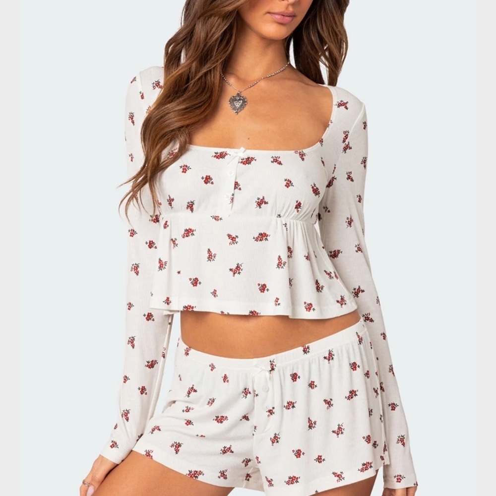 Edikted Floral Babydoll Long Sleeve Top Coquette Ribbed Bow Detail Size Medium
